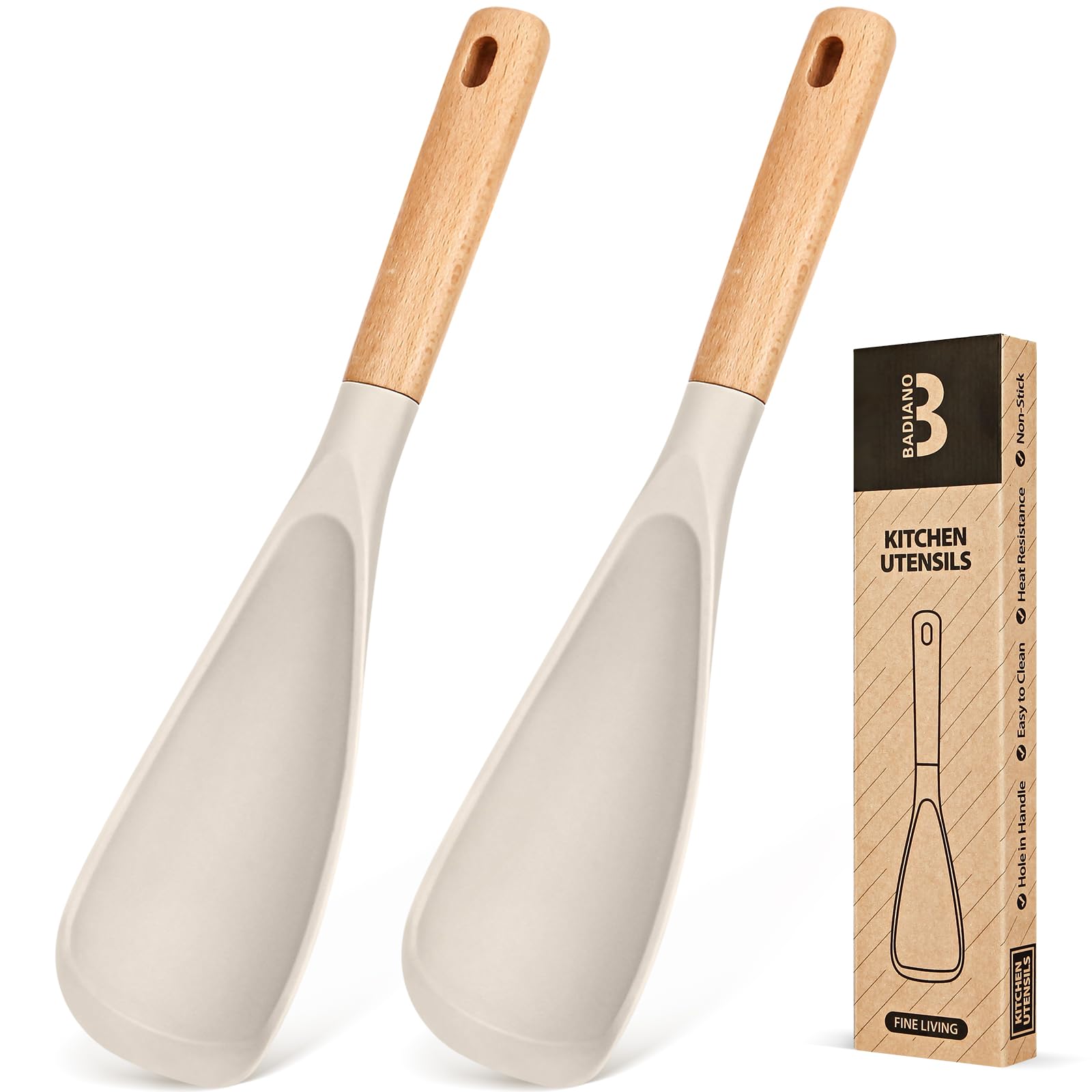 Badiano cooking spoon with khaki silicone head and wood handle in a two-pack for versatile use