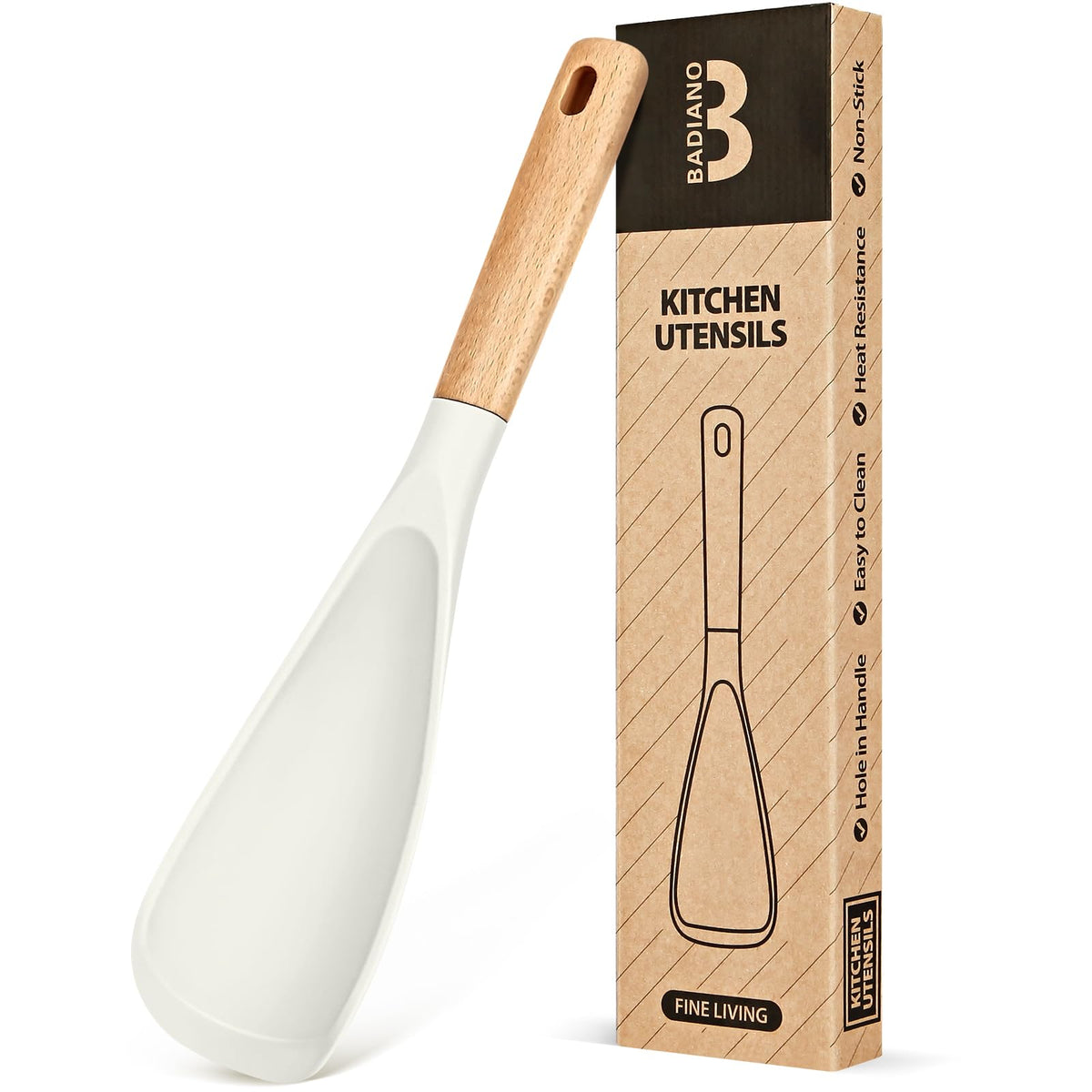 Badiano cooking spoon with white 11.4 inch head and wood handle for stir and scoop