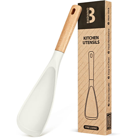 Badiano cooking spoon with white 11.4 inch head and wood handle for stir and scoop