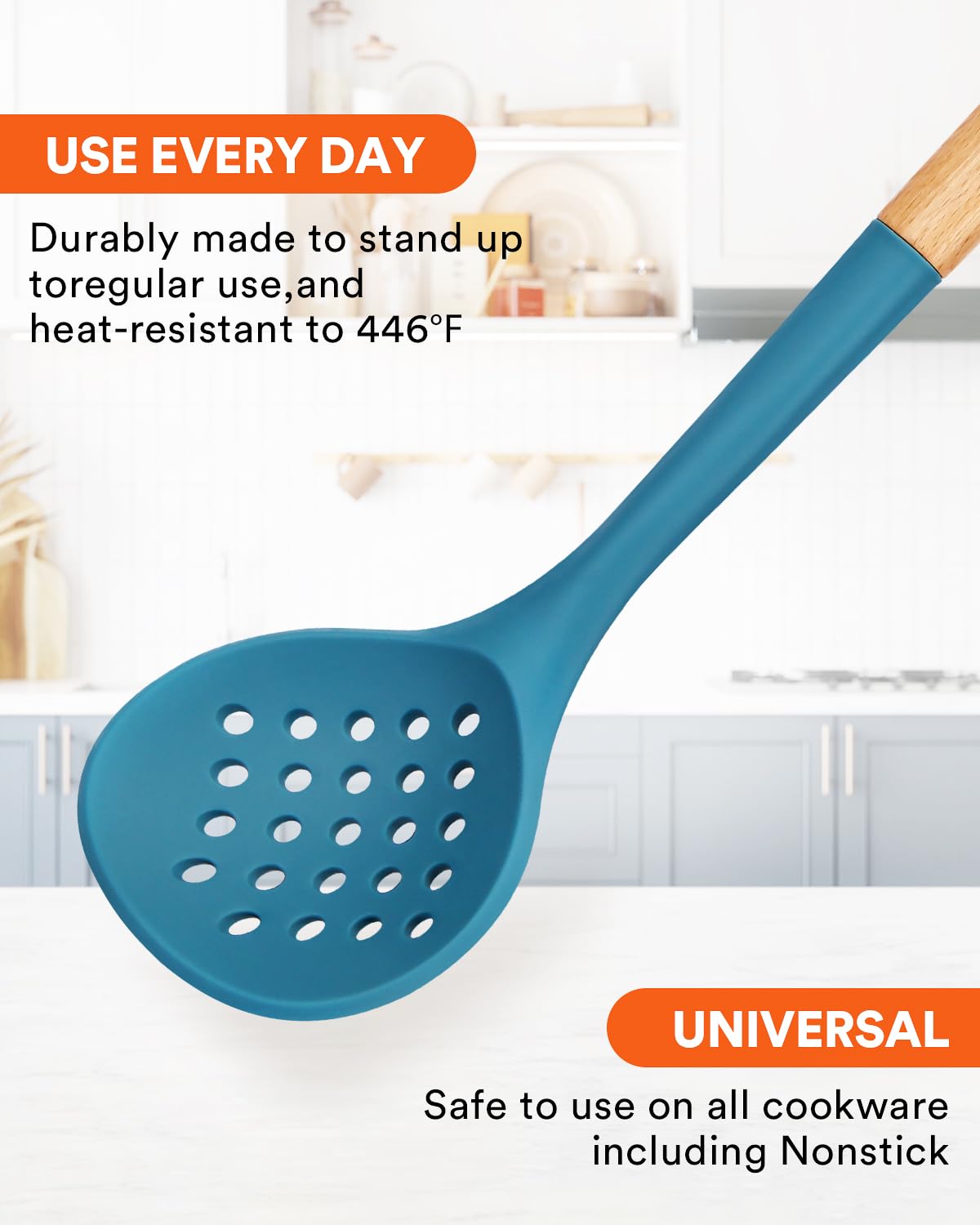 Badiano ladle strainer silicone core protects non-stick cookware during draining.