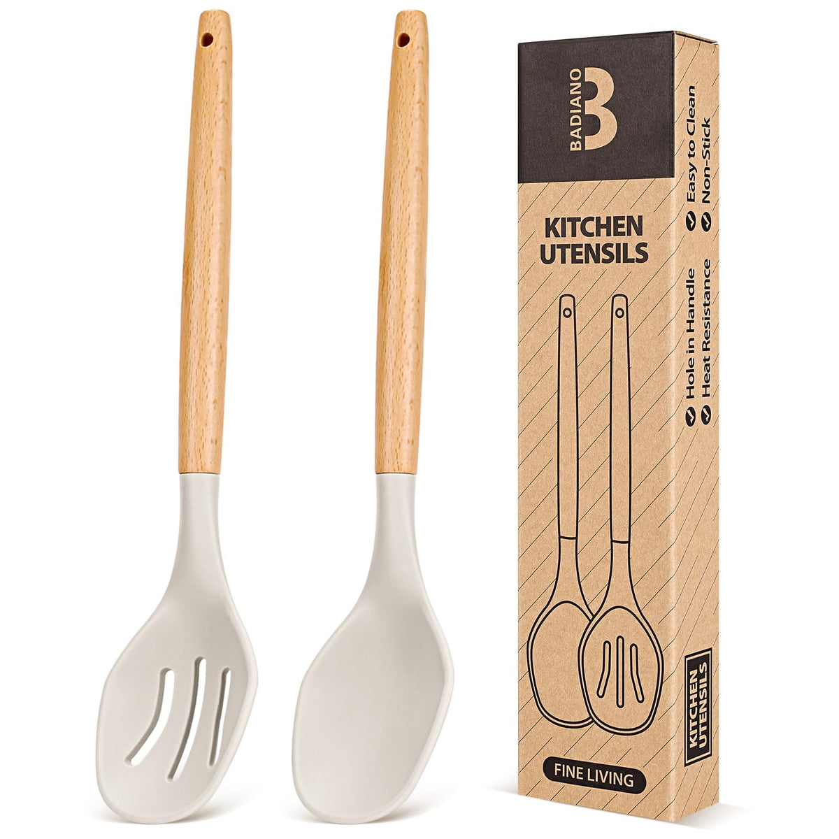 Badiano large silicone spoons set with wooden handles for nonstick cooking and serving.
