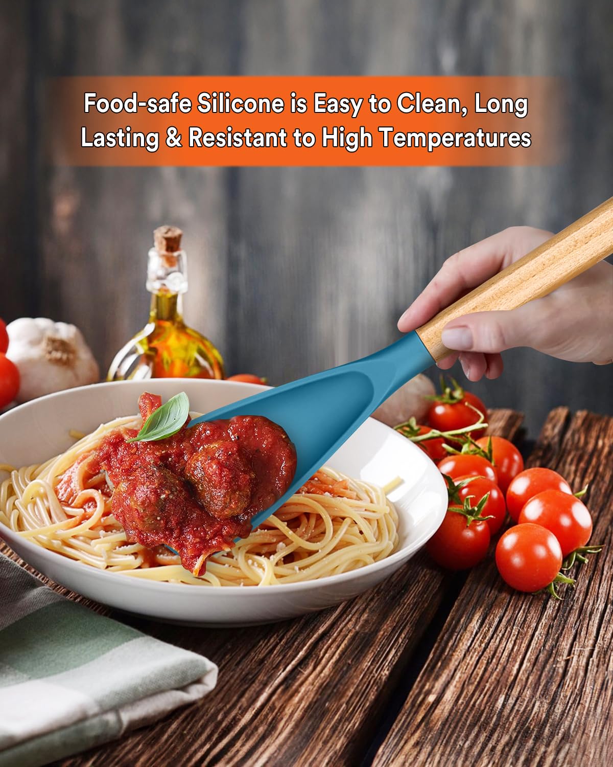 Badiano turquoise head close-up highlighting heat-resistant silicone that protects nonstick cookware.