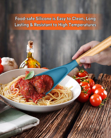 Badiano turquoise head close-up highlighting heat-resistant silicone that protects nonstick cookware.