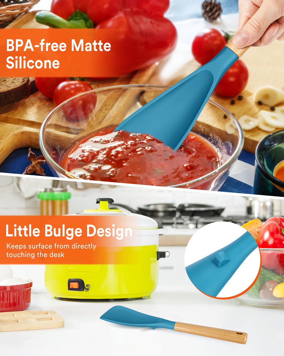 Badiano turquoise serving shot showing spatula spoon helping plate ready meals.