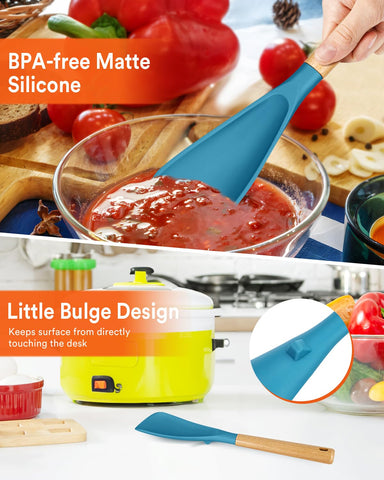 Badiano turquoise serving shot showing spatula spoon helping plate ready meals.