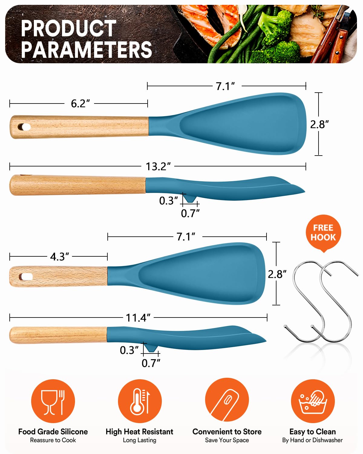 Badiano multifunction spatula spoon turquoise side view showing ergonomic wood handle for comfortable control.