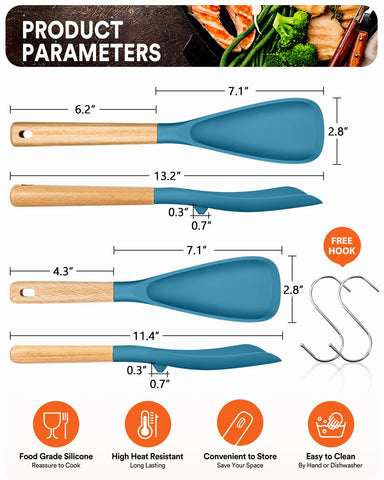 Badiano multifunction spatula spoon turquoise side view showing ergonomic wood handle for comfortable control.