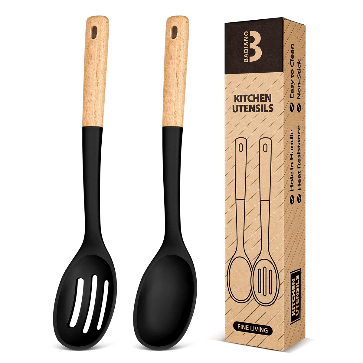 Badiano silicone cooking spoon with wooden handle closeup, heat resistant for long-lasting cooking