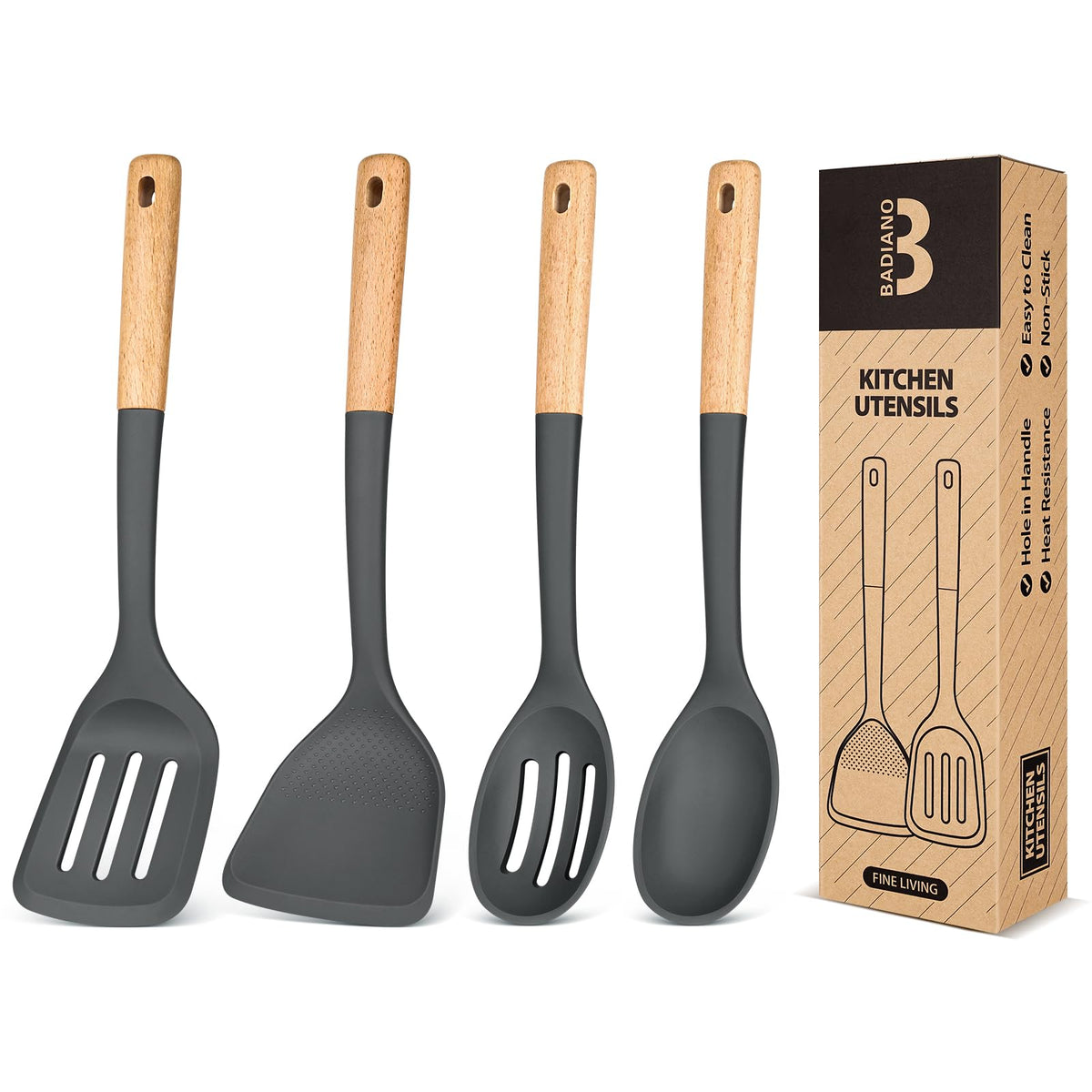 Badiano silicone cooking utensils set angled for frying and protecting nonstick surfaces