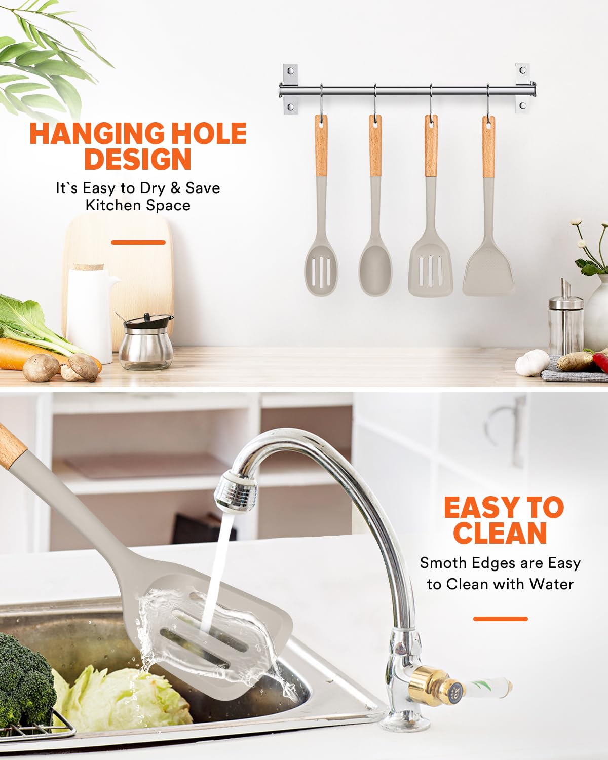 Badiano silicone cooking utensils set nonstick-friendly design protects cookware edges.