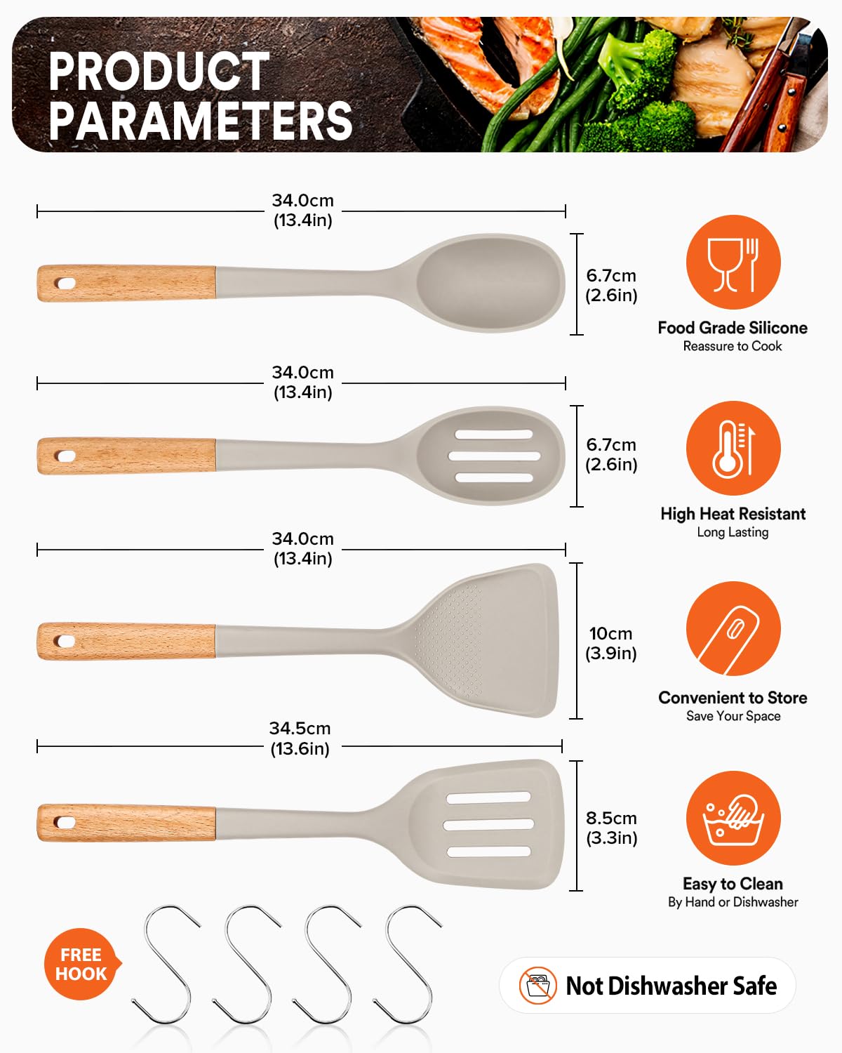 Badiano silicone cooking utensils set with wood handle close-up, cool-touch grip during sautéing.