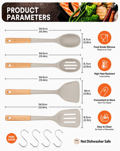 Badiano silicone cooking utensils set with wood handle close-up, cool-touch grip during sautéing.