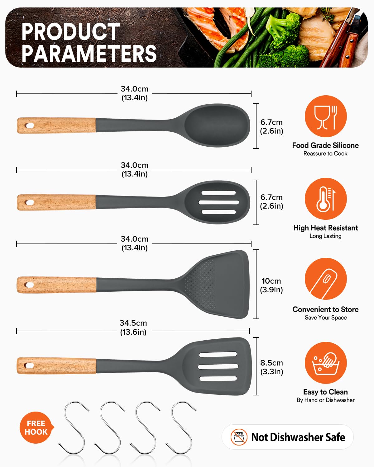 Badiano silicone turner with wood handle offers a cool, comfortable grip