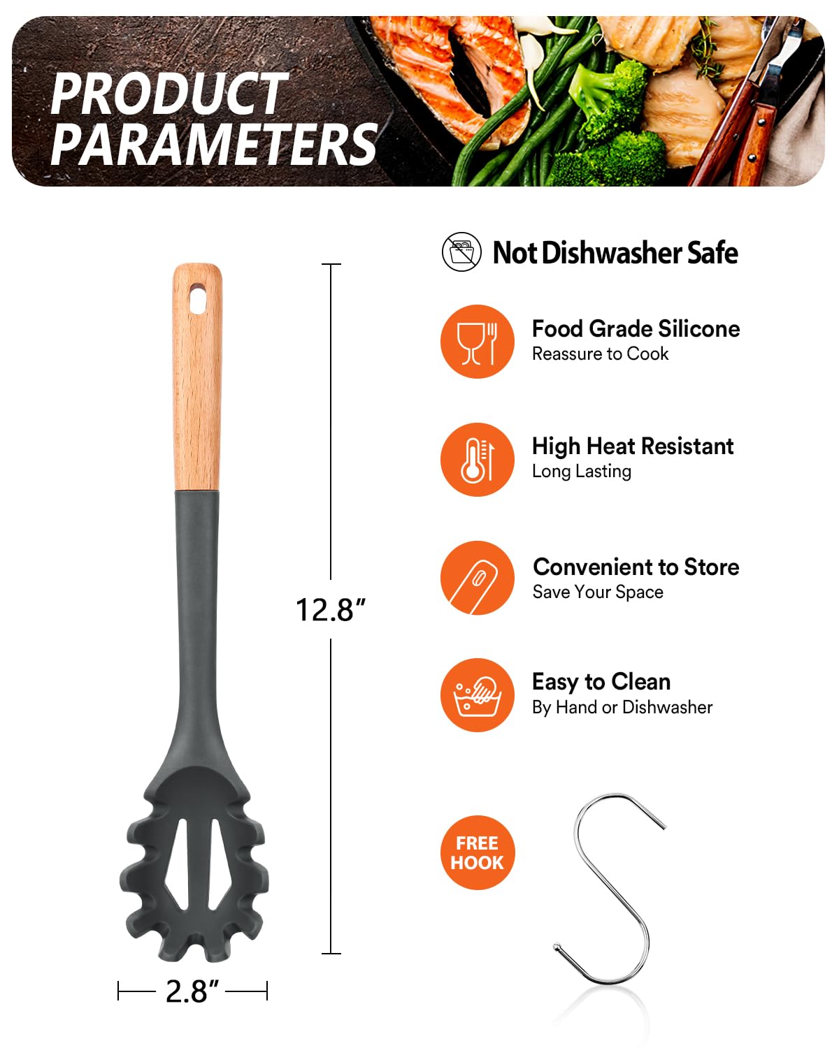 Badiano silicone pasta fork heat-resistant head up to 446℉ for durable cooking