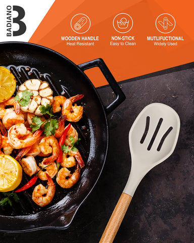 Badiano slotted spoon drains liquids while stirring and serving.