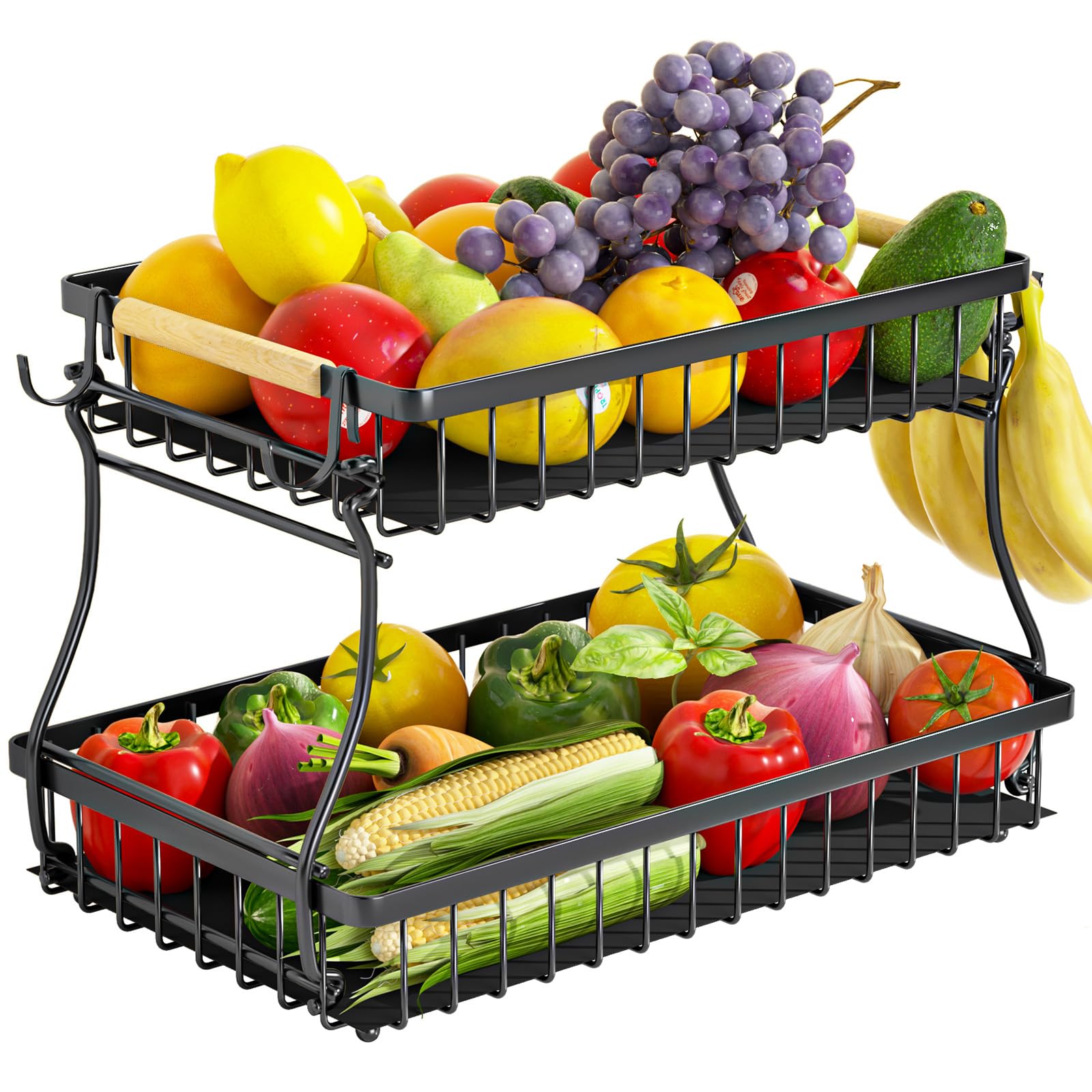 Baecel 2-tier fruit basket with banana hangers on a counter, for easy access to fresh produce.