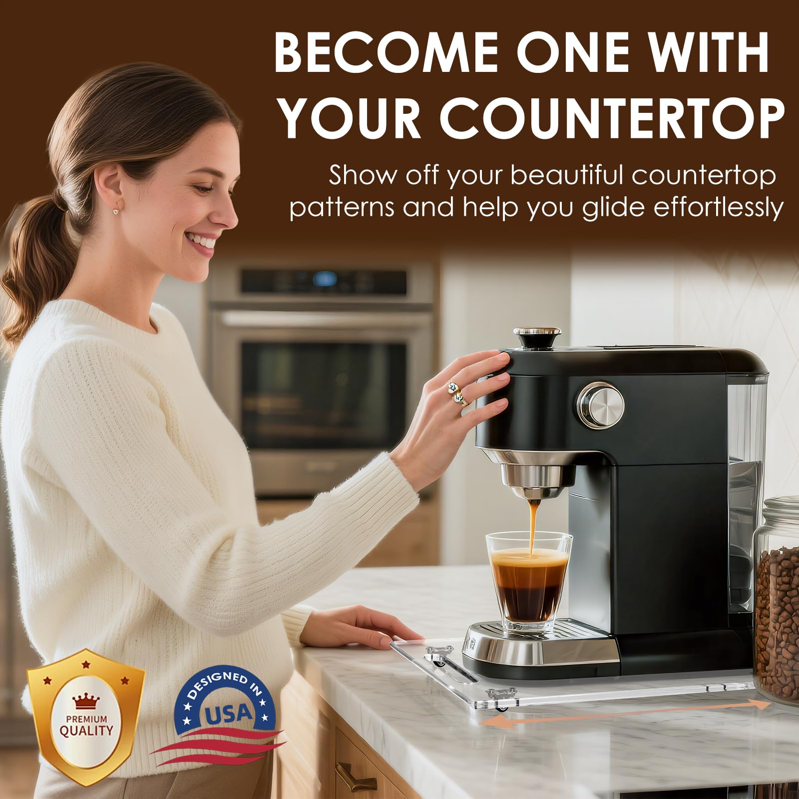 Baemin sliding tray under cabinet design helps pull out a coffee maker easily.