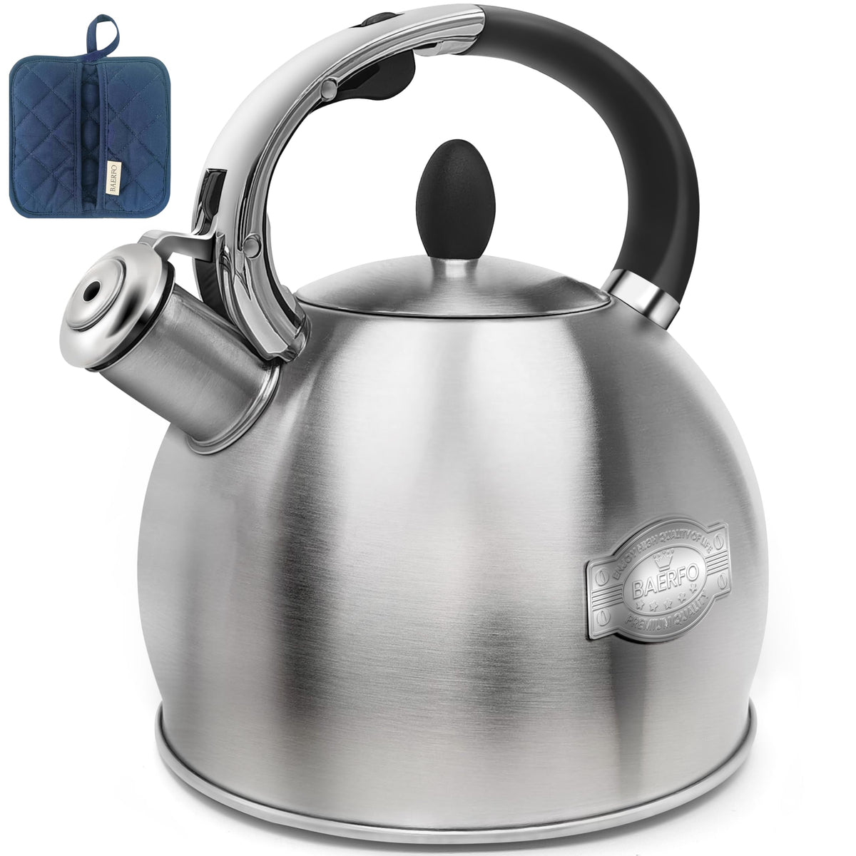 BAERFO stainless steel tea kettle with brushed body, durable on the stove for hot water