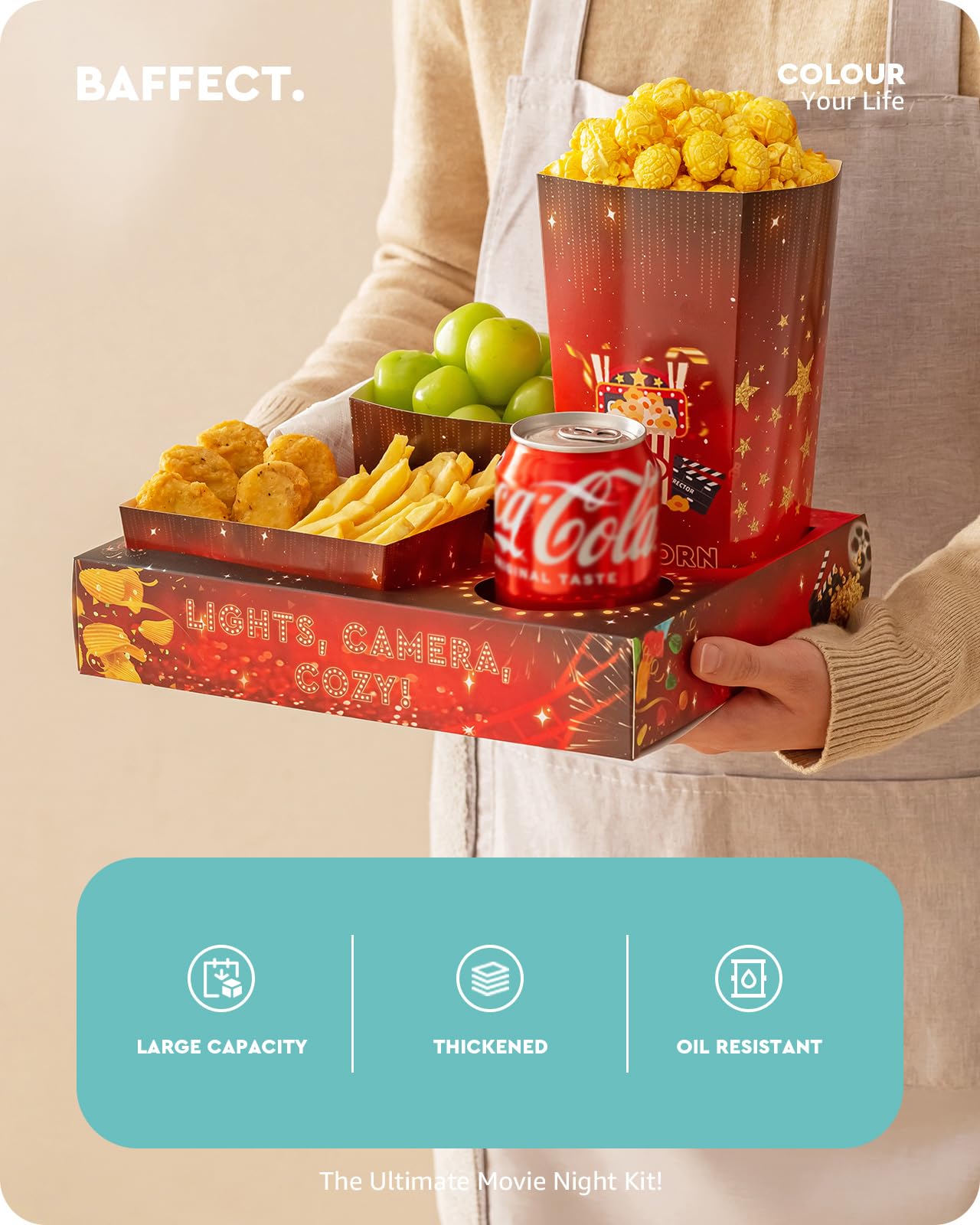 Baffect popcorn boxes offer mess-free popcorn serving during family movie night.
