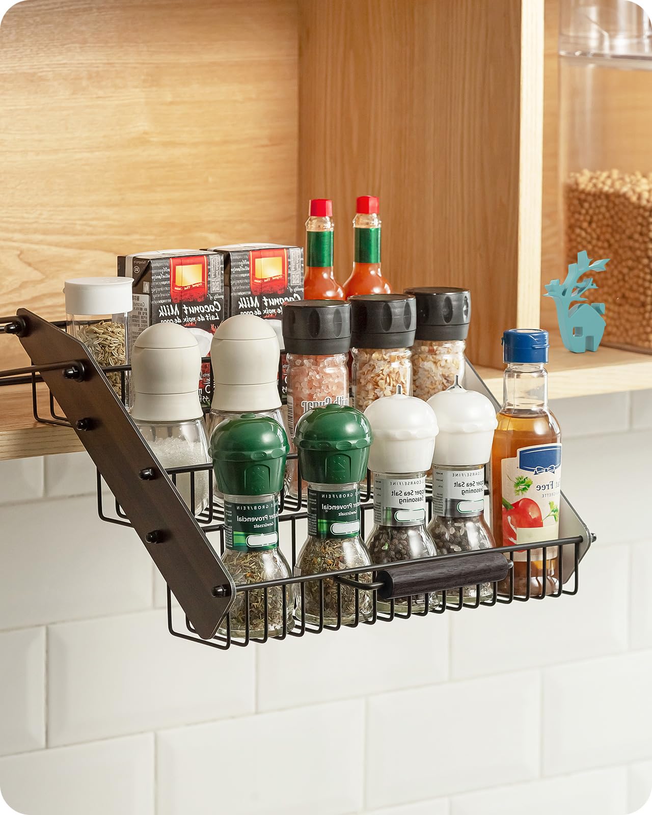 Baffect pull-down spice rack in upper cabinet for quick spice access
