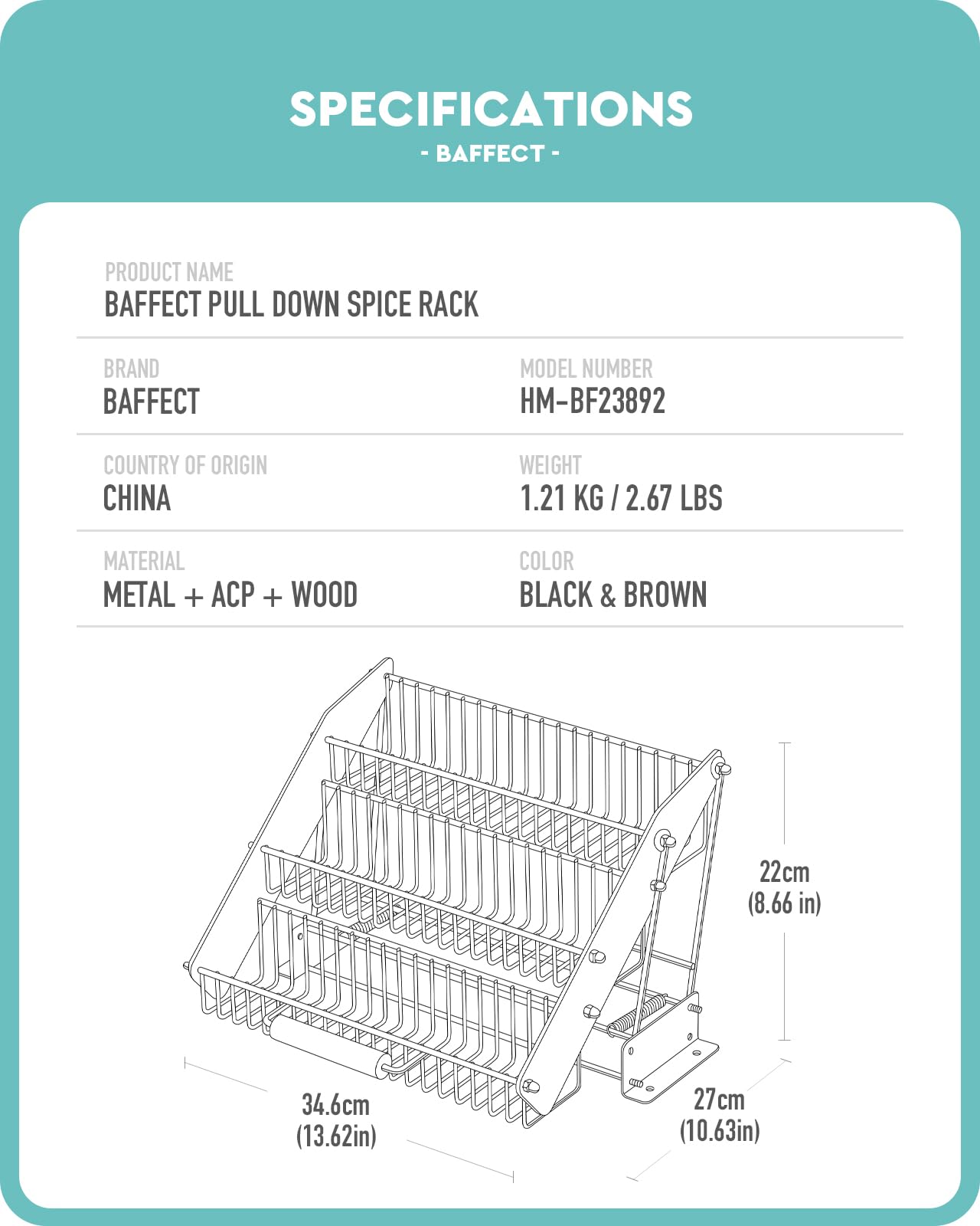 Baffect spring-buffer pull-down system smoothly lowers spices for easy reach