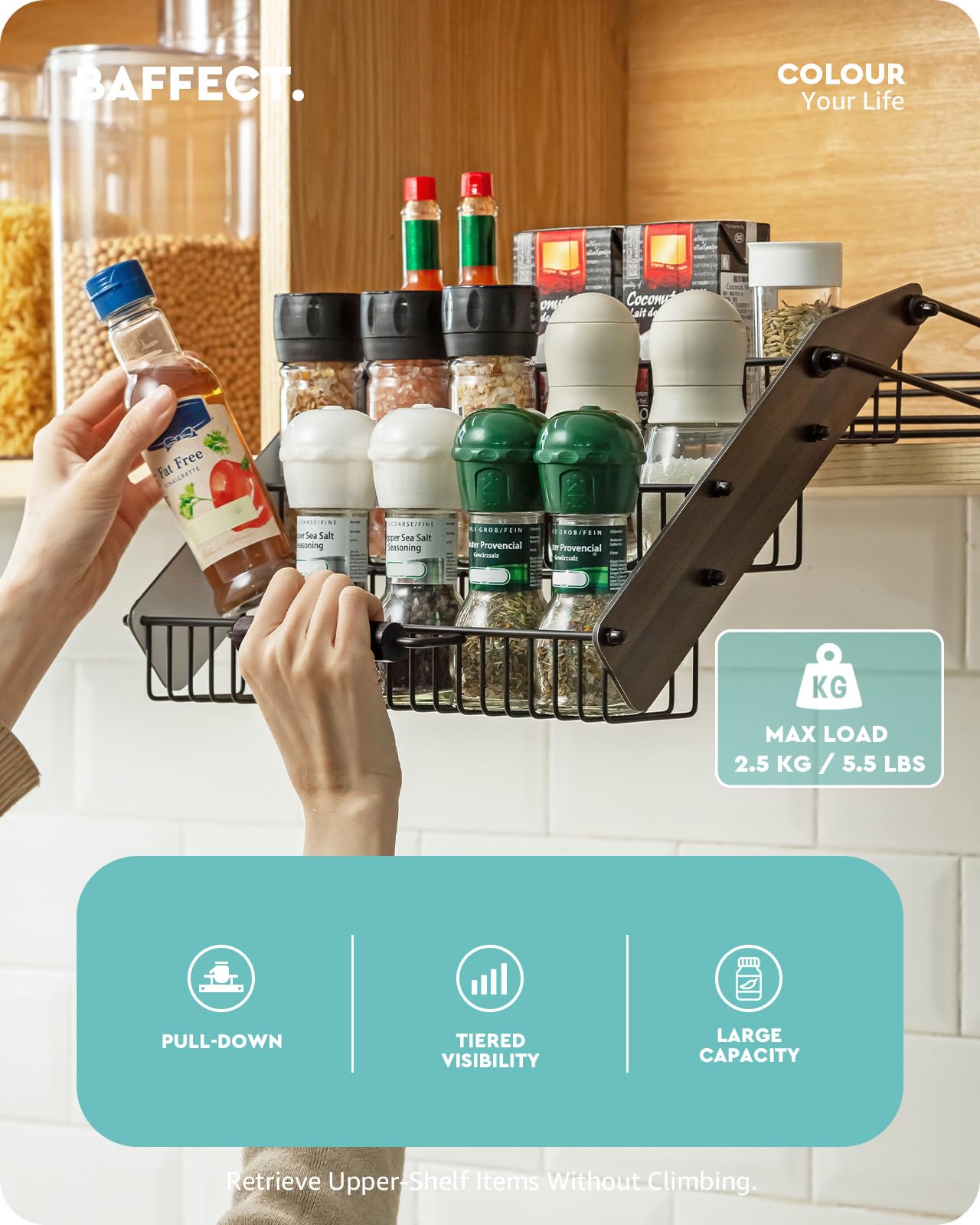 Baffect tiered display keeps spice jars neatly organized at a glance