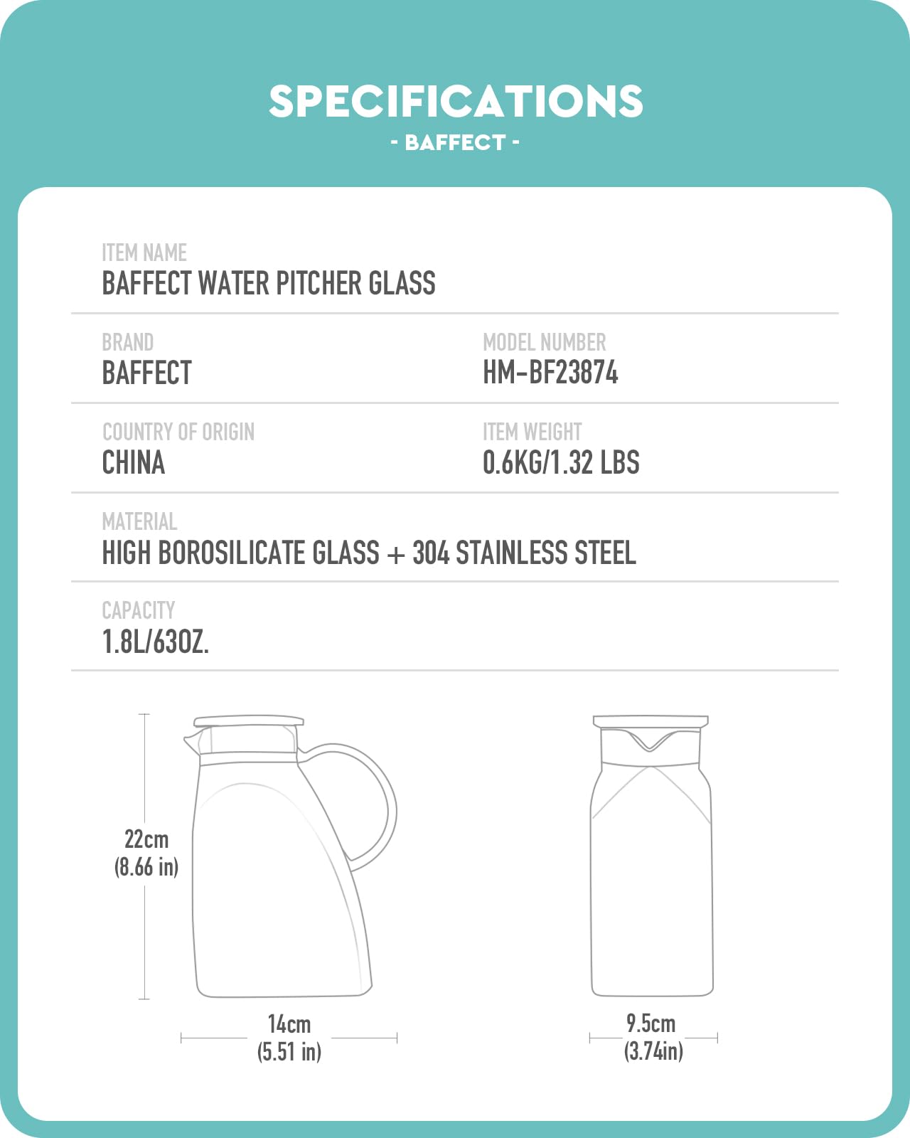 Baffect Water Pitcher borosilicate glass withstands quick temperature changes.