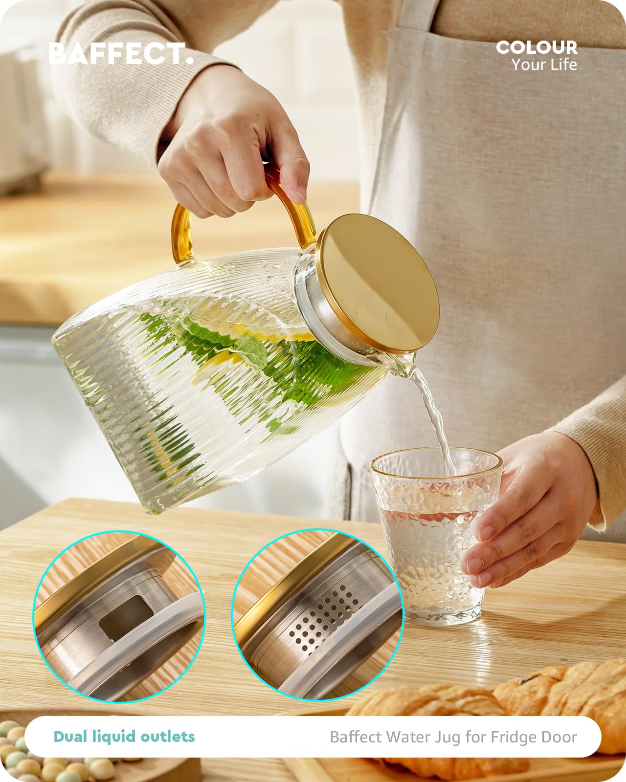 Baffect Water Pitcher fits fridge doors for easy access to cold beverages.