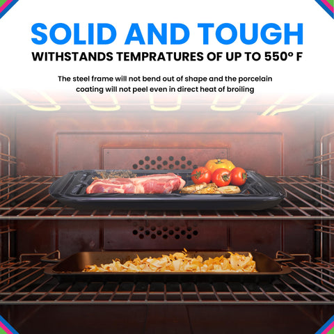 Bagean broiler pan demonstrates heat circulation for thorough cooking and grill marks.