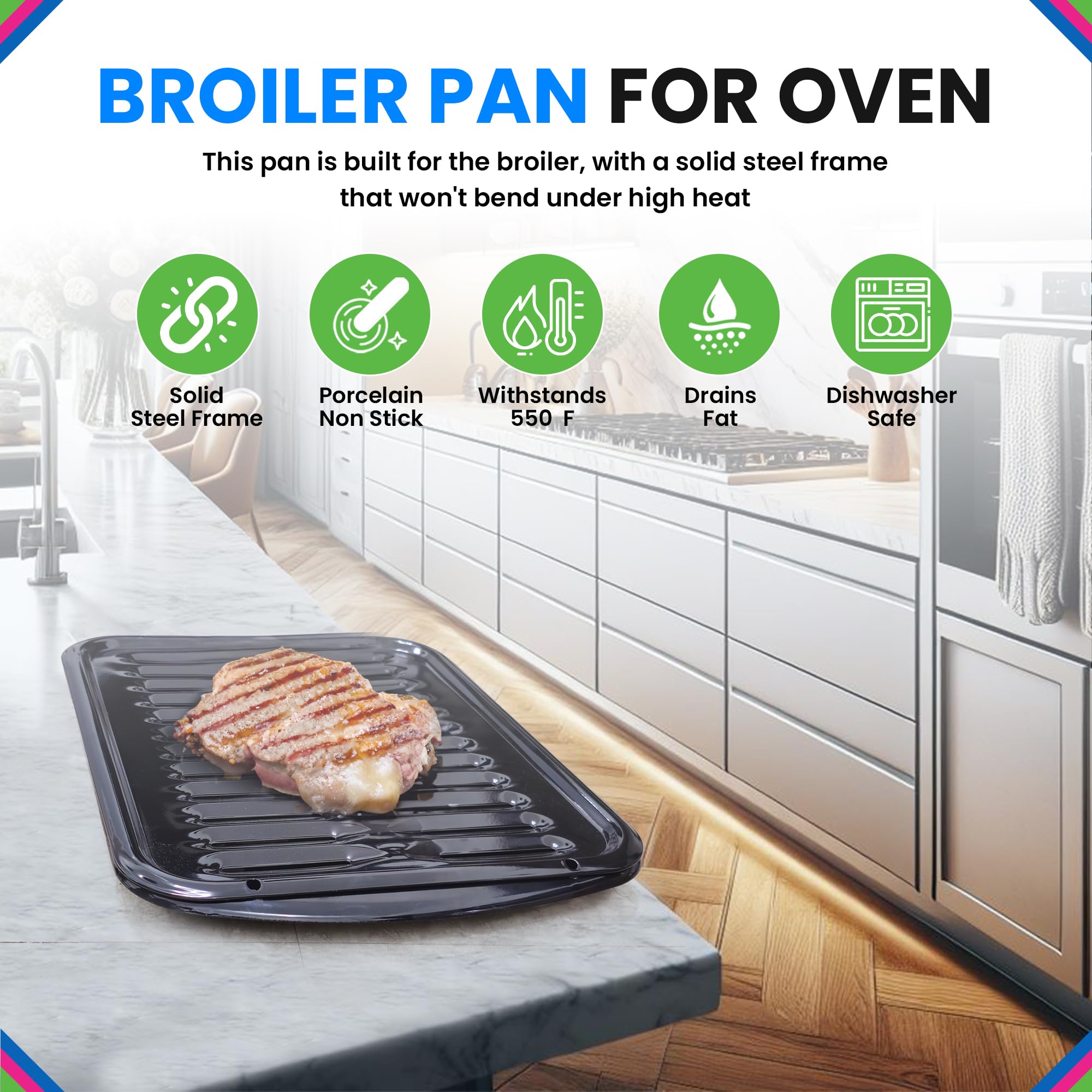 Bagean broiler pan with rack for fat drainage and crisp, evenly heated results.