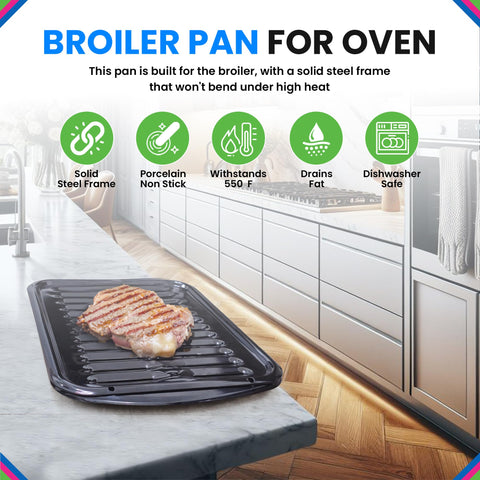 Bagean broiler pan and rack shown dishwasher-safe for easy cleanup after meals.