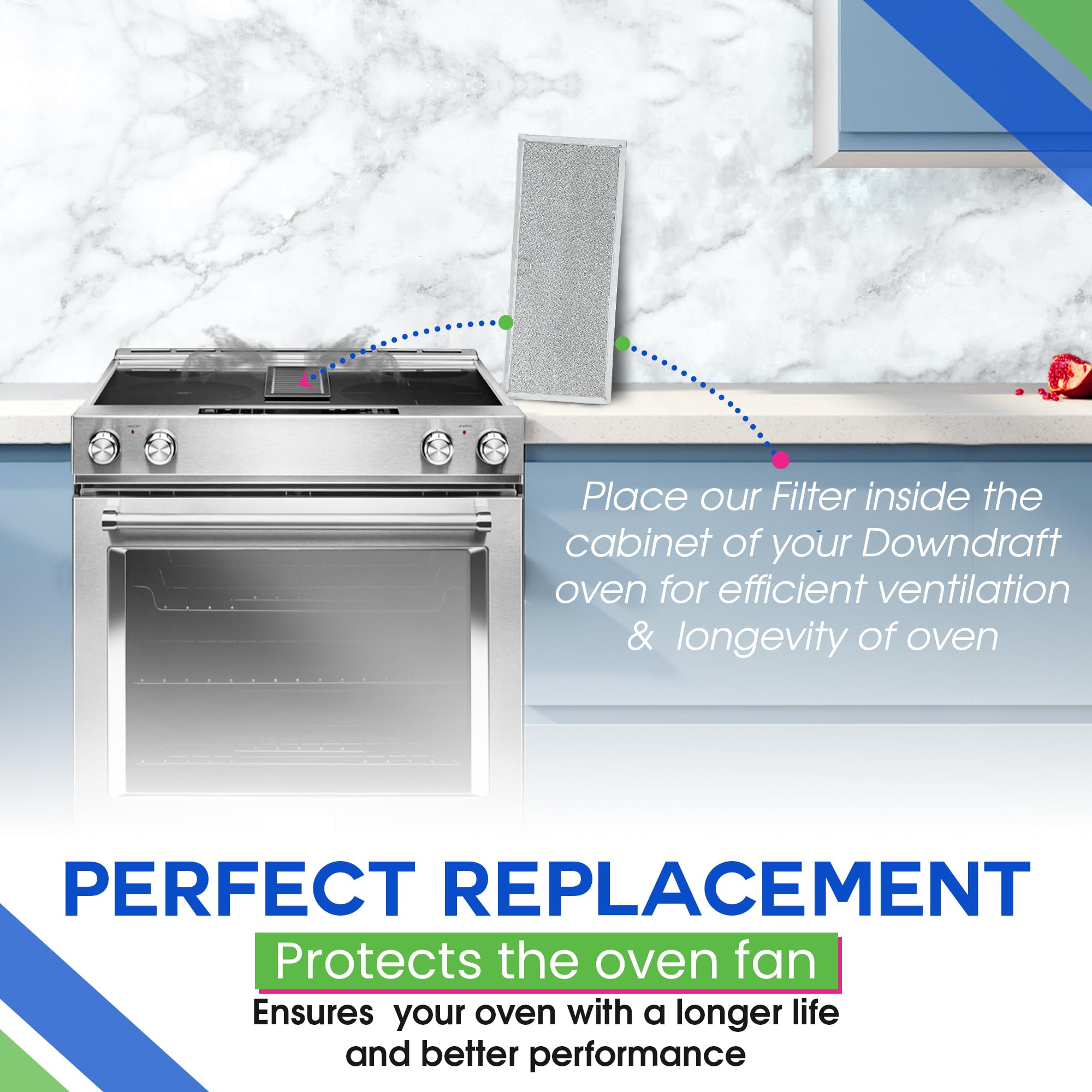 Bagean downdraft filter grease protection helps keep the oven area cleaner.