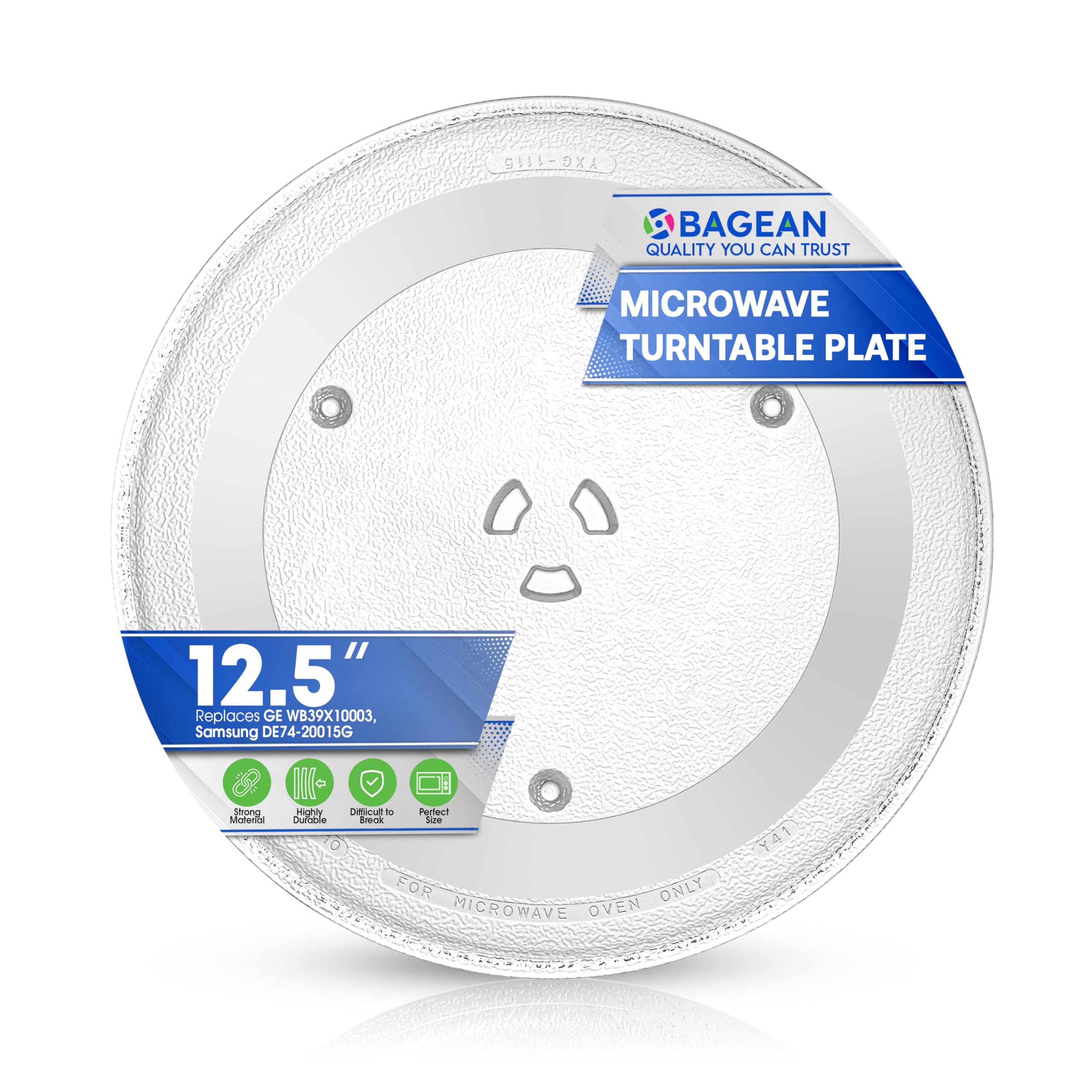 Bagean 12.5-inch GE WB39X10003 glass plate, top view, durable tempered glass for reliable reheating.