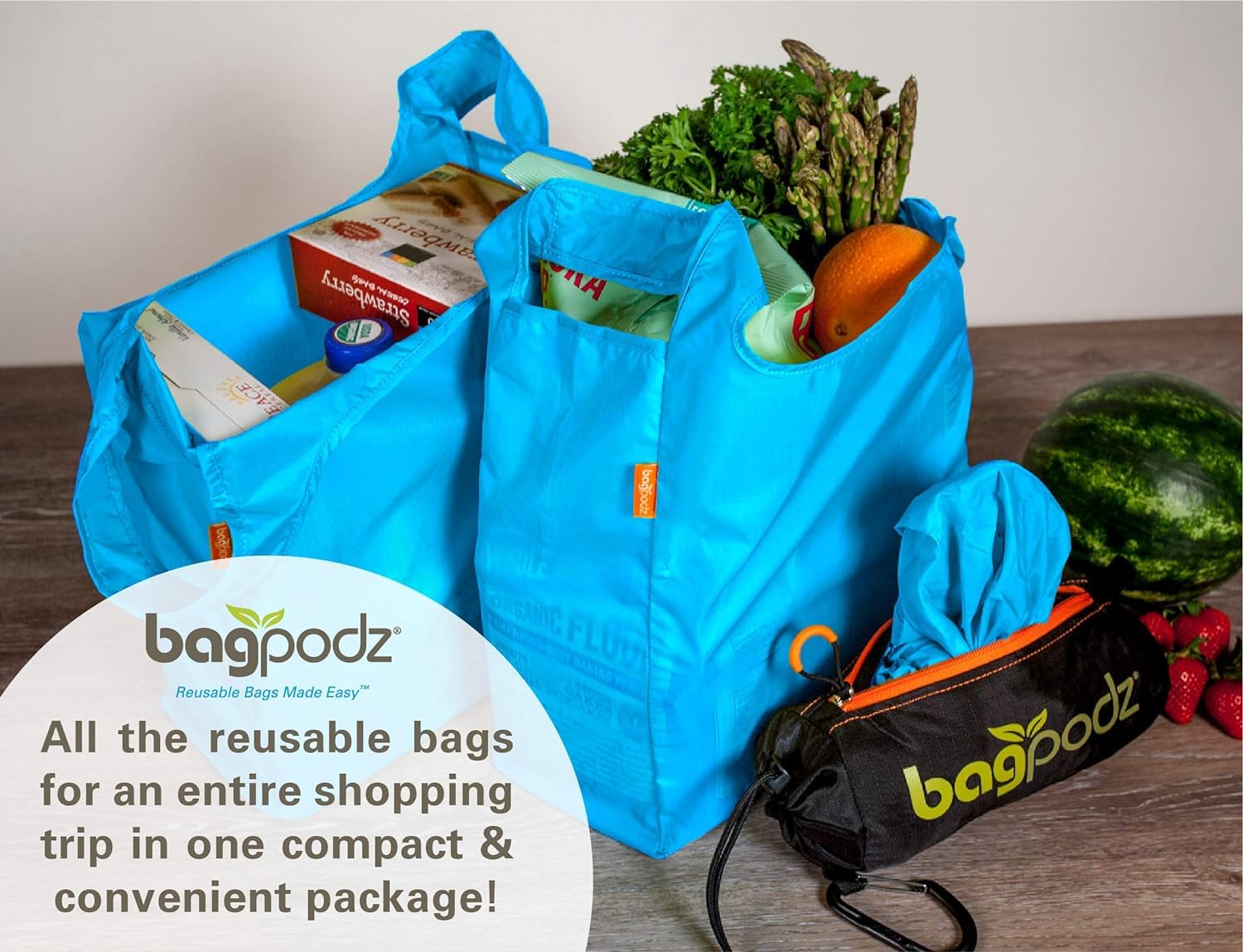 BagPodz 50lbs-capacity bags can handle a full grocery haul.