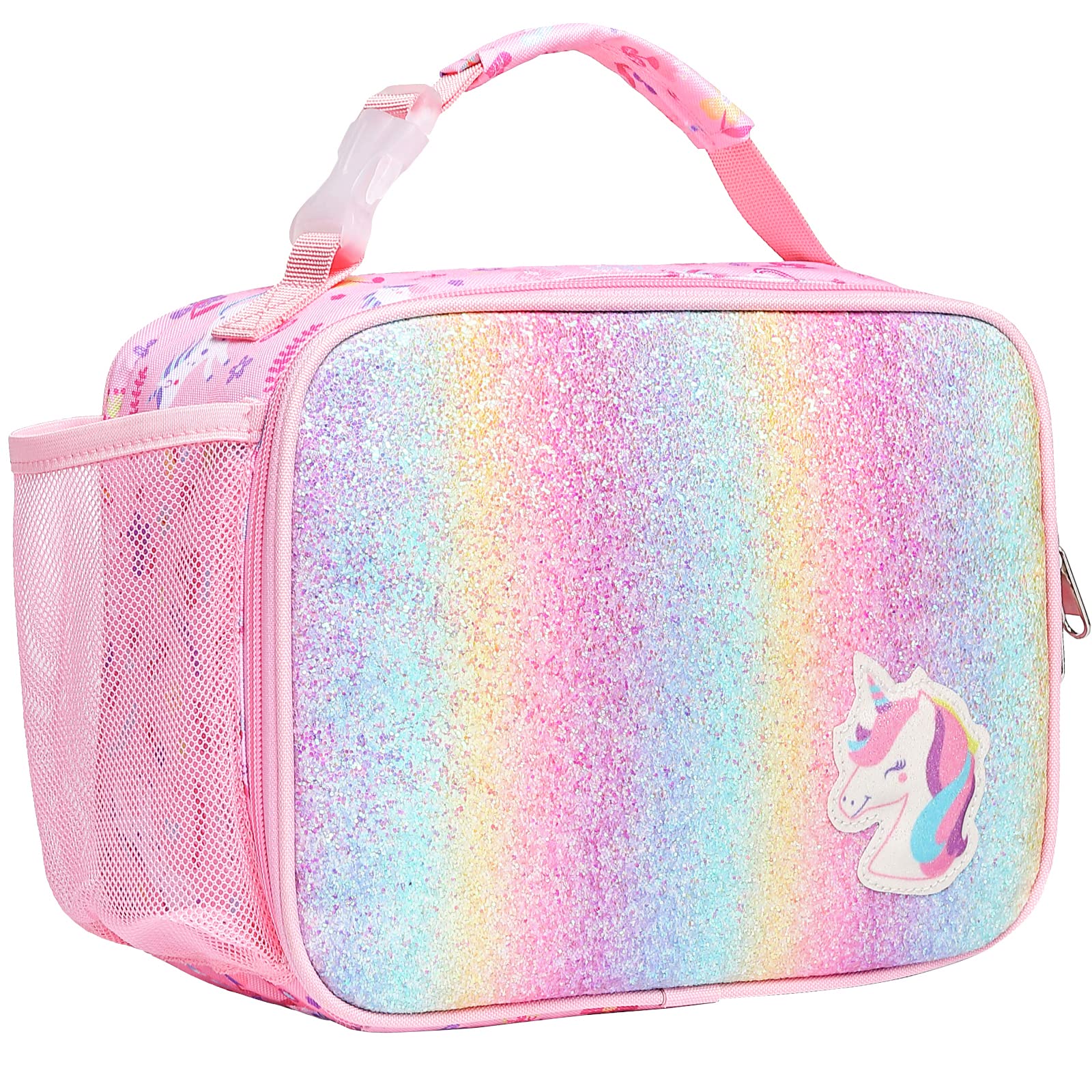 Bagseri lunch bag for girls with glitter pink unicorn front for school use