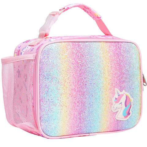 Bagseri lunch bag for girls with glitter pink unicorn front for school use