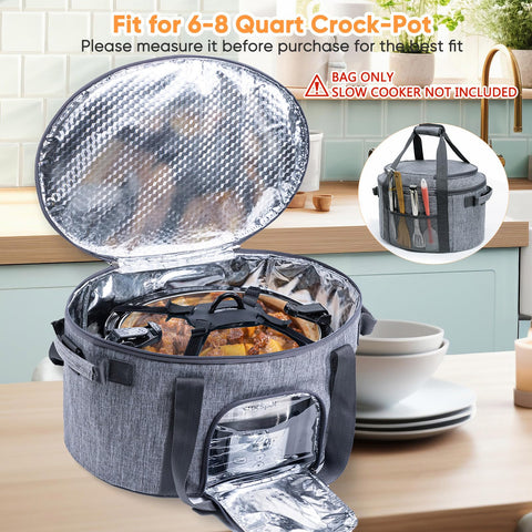 BAGSPRITE adjustable securing band keeps the crock-pot steady in transit.