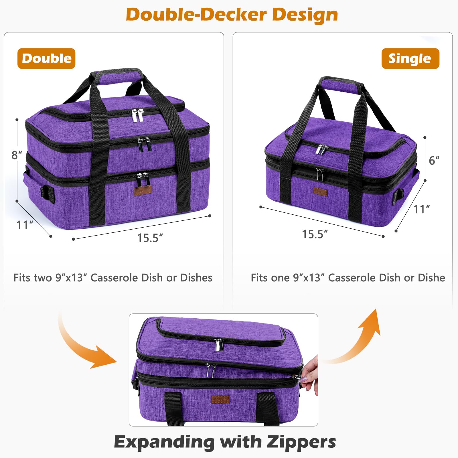 BAGSPRITE casserole dish carrier with utility pocket for plates and mitts.