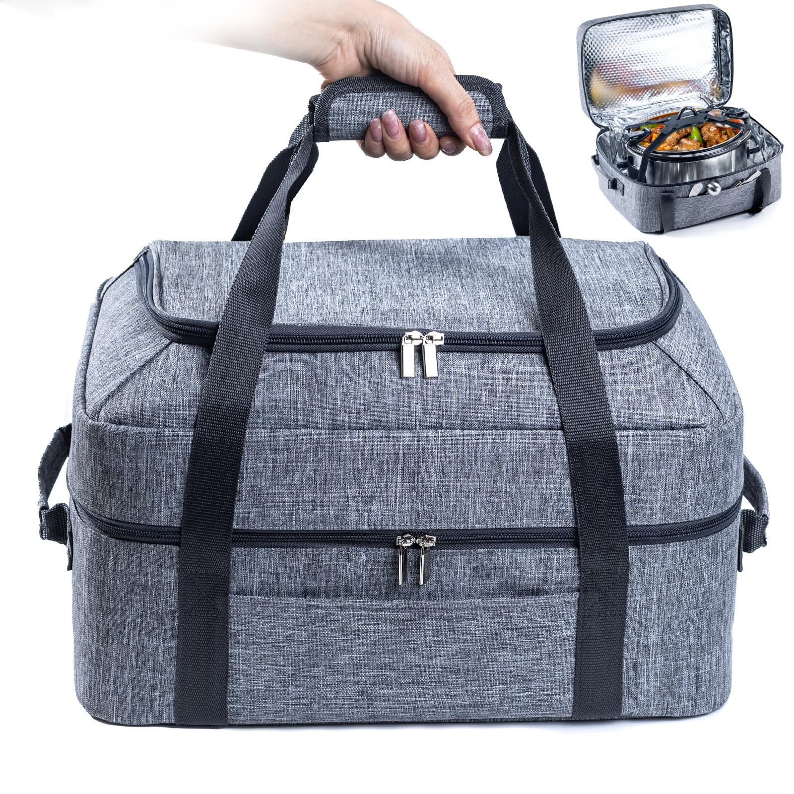 BagSprite double-layer slow cooker bag with main compartment for 6-8 qt pot, easy transport.