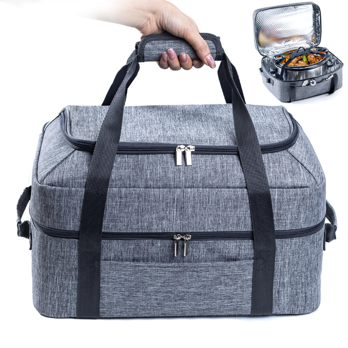 BagSprite double-layer slow cooker bag with main compartment for 6-8 qt pot, easy transport.