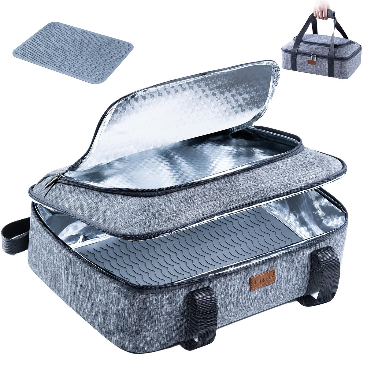 BAGSPRITE insulated casserole carrier with heat-resistant mat for hot or cold meals on the go.