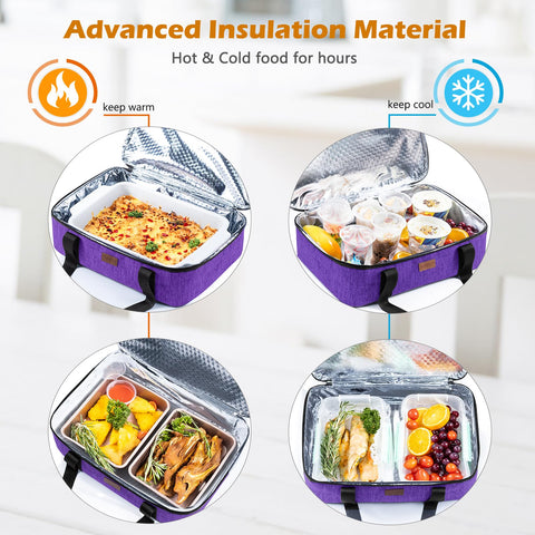 BAGSPRITE insulated casserole carrier side pocket view showing top storage for plates.