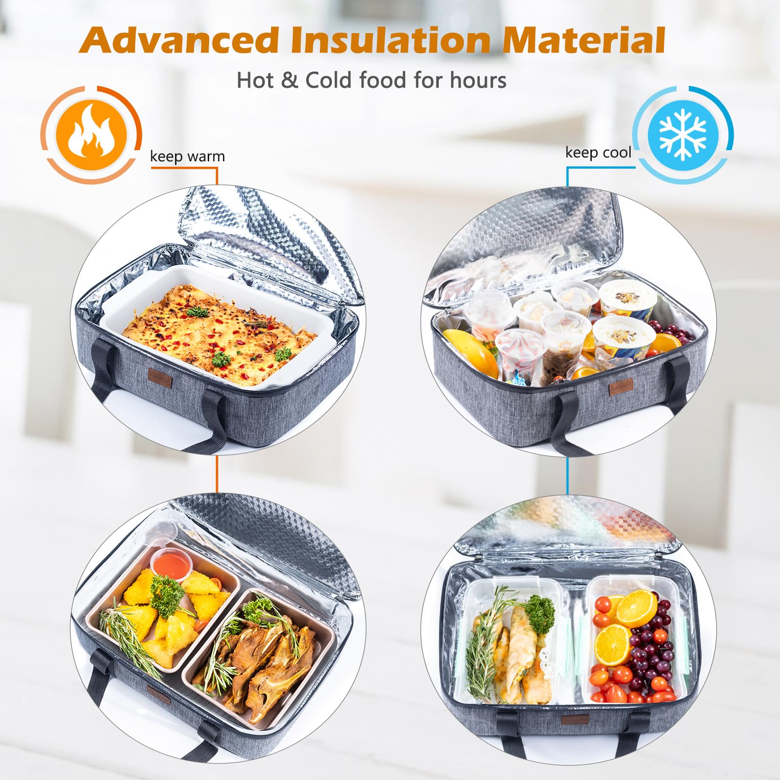 BAGSPRITE casserole carrier top pocket keeping plates and oven mitts organized during transport.