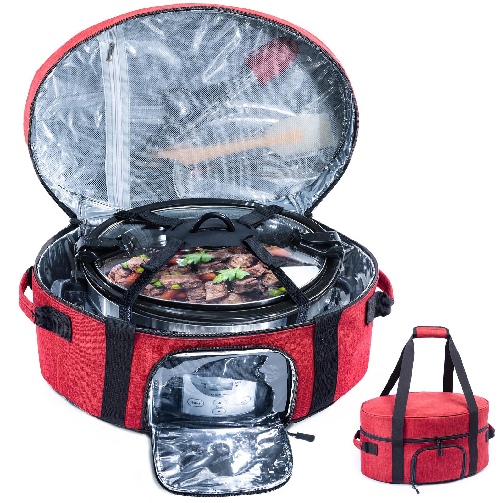 BAGSPRITE insulated slow cooker bag with see-through window showing quick temperature checks