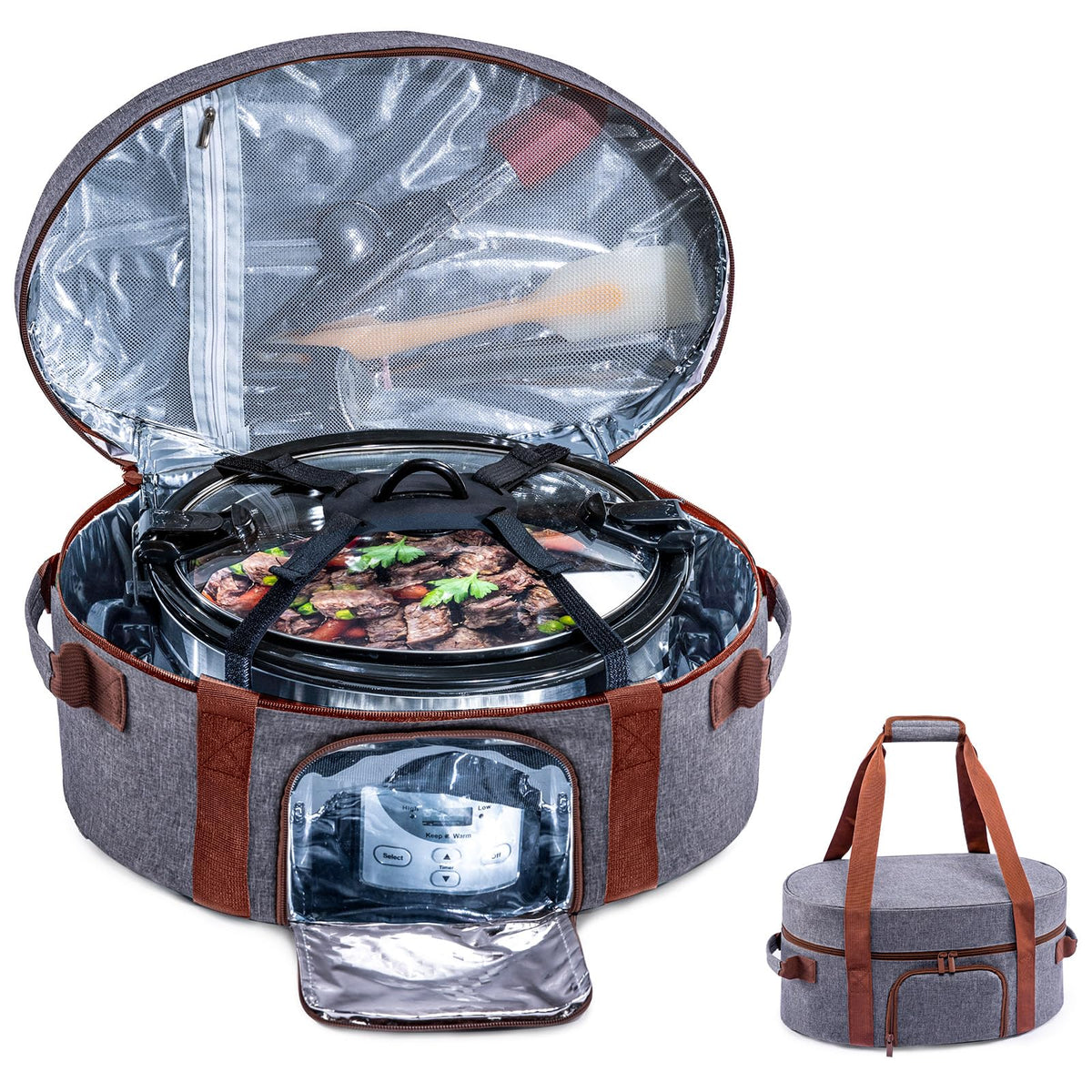 BagSprite insulated slow cooker bag with see through window shows temperature display while transporting