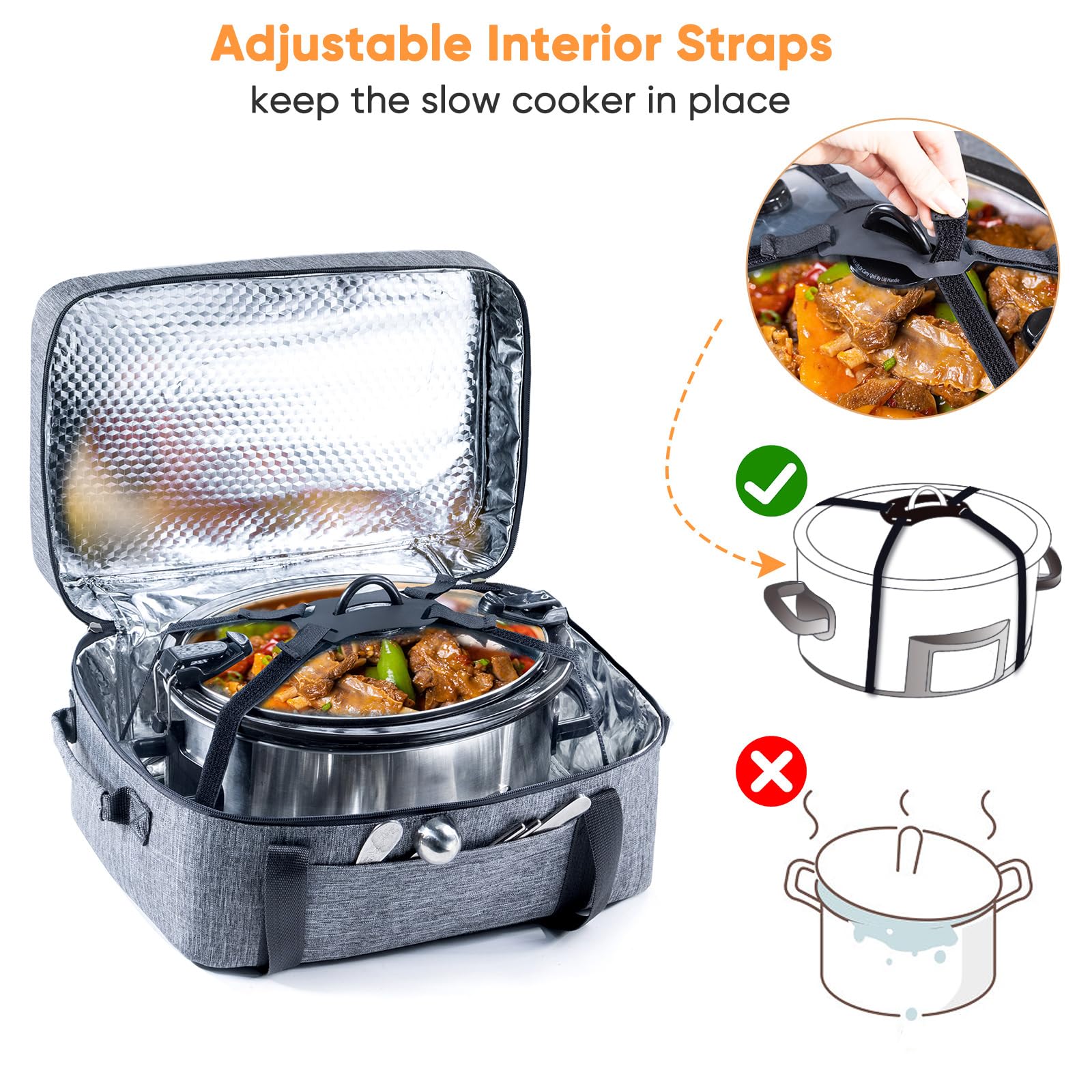 BagSprite slow cooker bag with lid fastener, secure travel to gatherings.