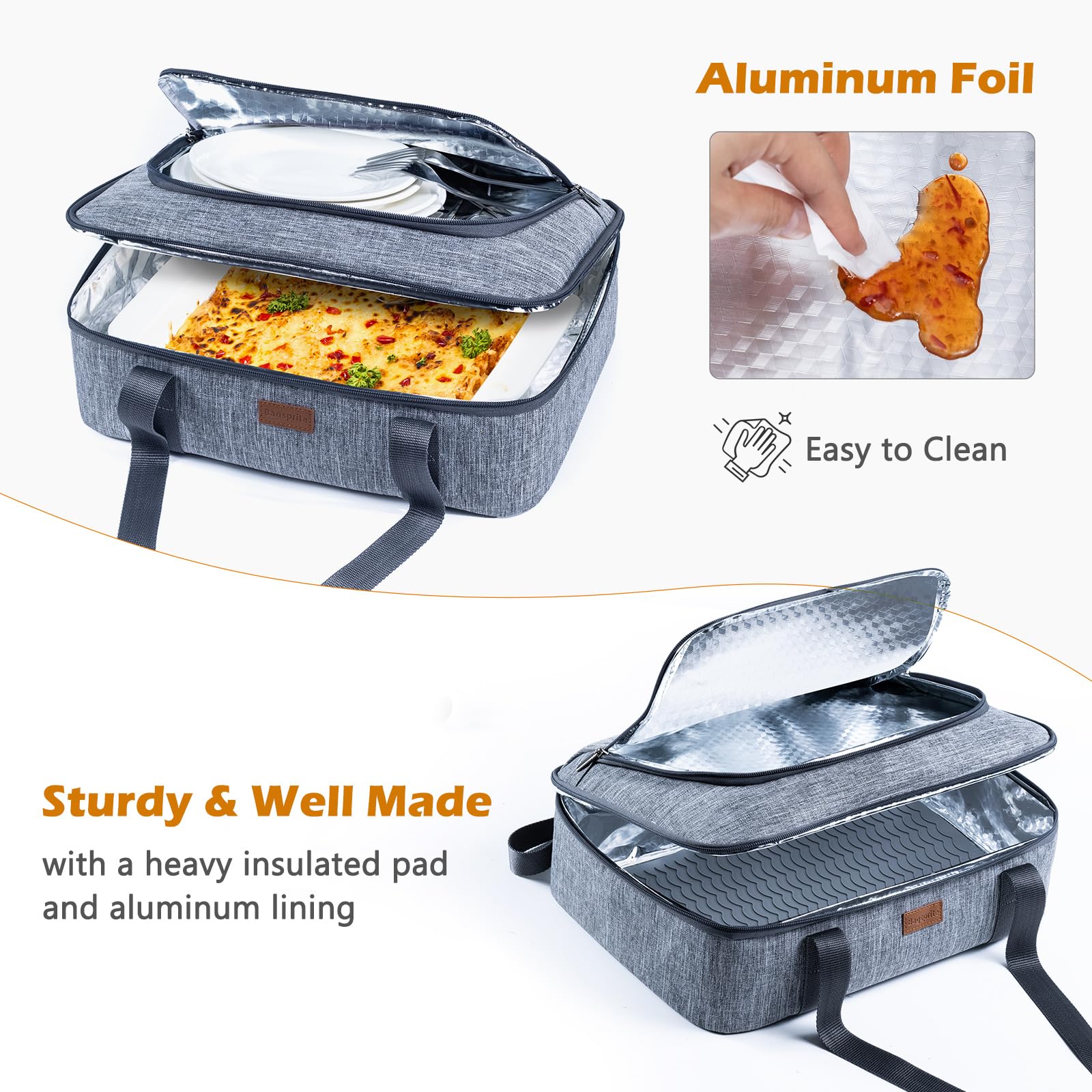 BAGSPRITE quilted insulated carrier with aluminum lining for durable, easy-to-clean meal transport.
