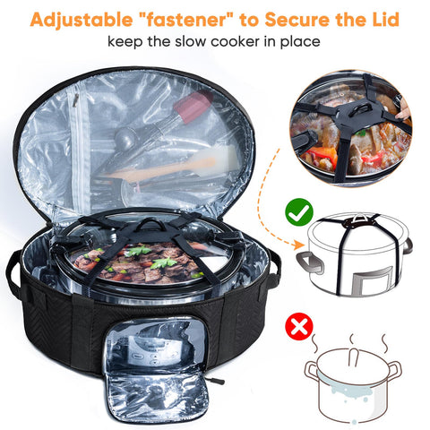 BAGSPRITE adjustable band secures the slow cooker for steady transport