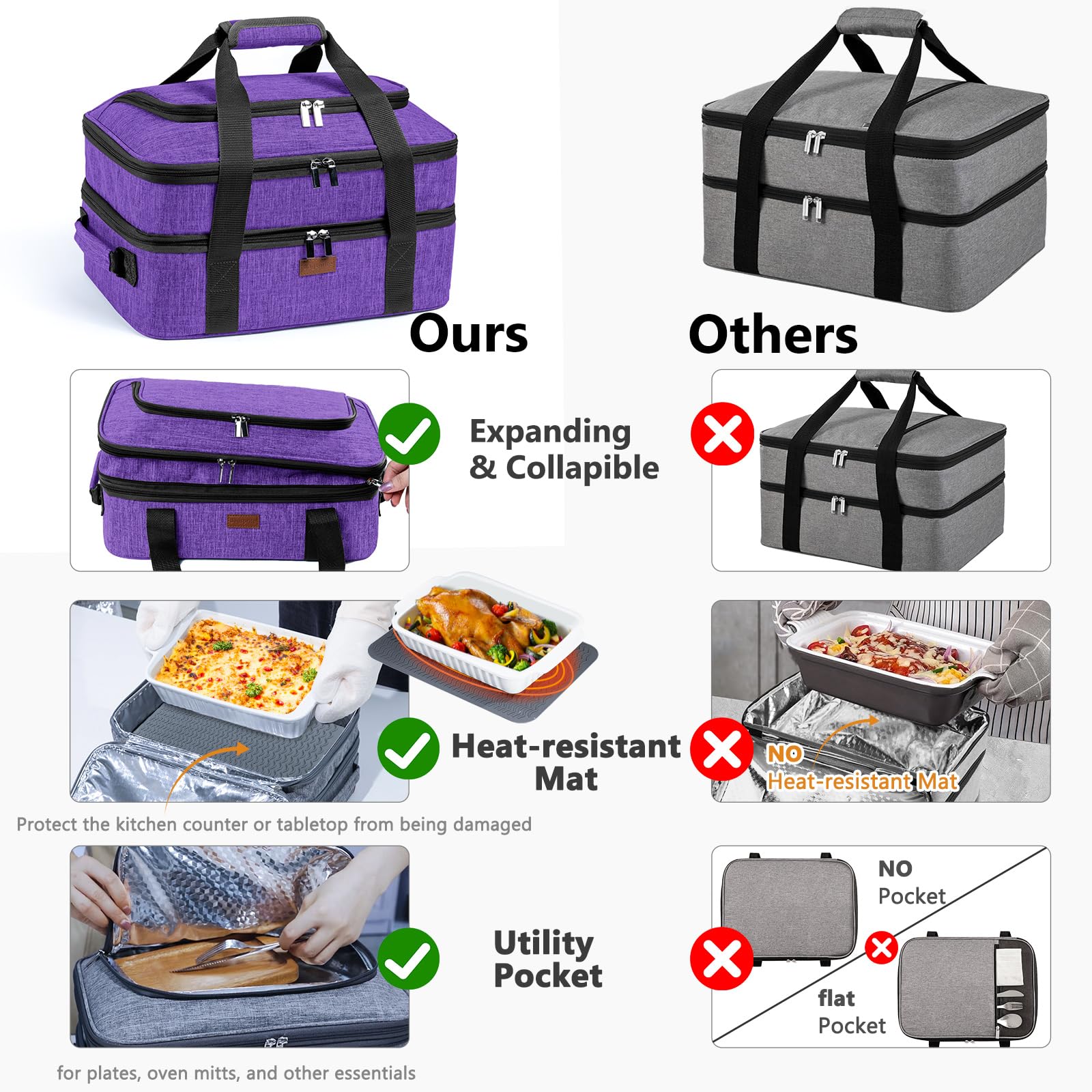 BAGSPRITE top-layer expandable compartment simplifies carrying one or two dishes.