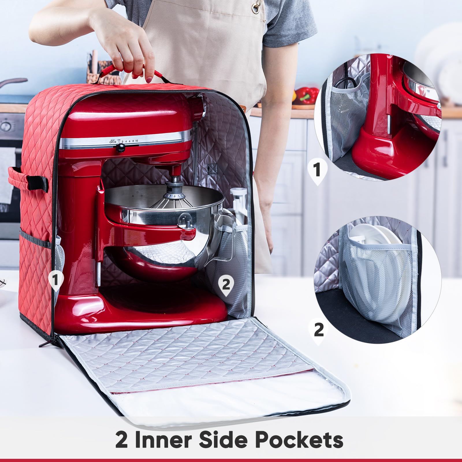 BAGSPRITE water-resistant nylon fabric protects the mixer while wipes clean easily.